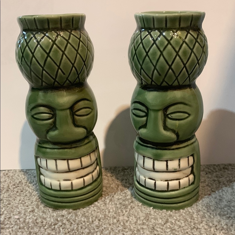 Green and White Polynesian Tiki Vases